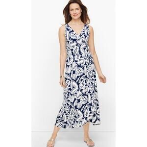 Talbots Dress Faux Wrap Maxi Tank Blue White Botanical Medium Petite Cotton Knit